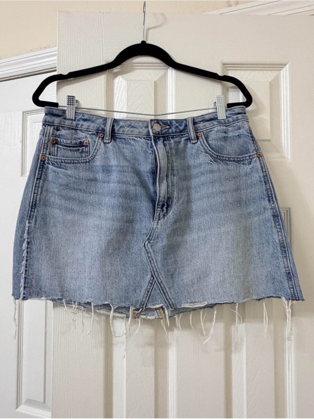 American Eagle Outfitters Light Blue Denim Mini Skirt with Raw Frayed Hem